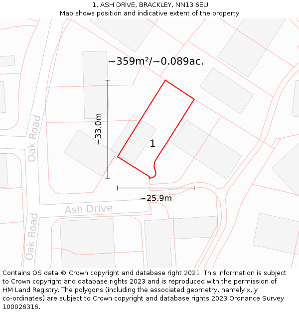 1, ASH DRIVE, BRACKLEY, NN13 6EU: Plot and title map