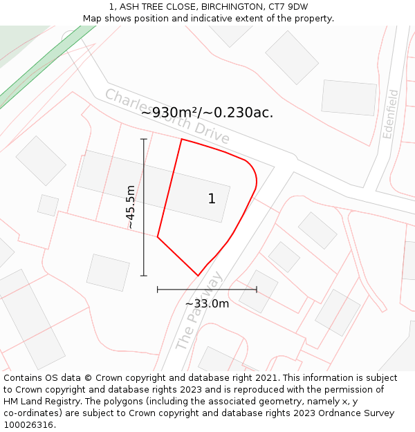 1, ASH TREE CLOSE, BIRCHINGTON, CT7 9DW: Plot and title map