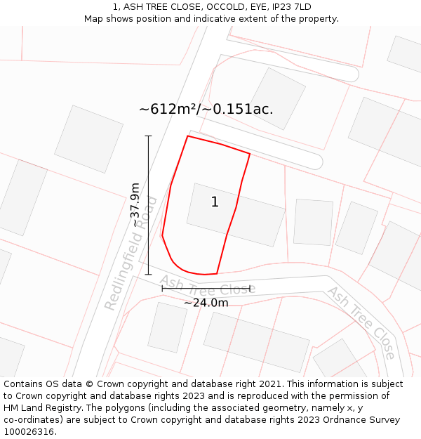 1, ASH TREE CLOSE, OCCOLD, EYE, IP23 7LD: Plot and title map