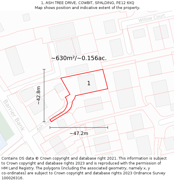 1, ASH TREE DRIVE, COWBIT, SPALDING, PE12 6XQ: Plot and title map