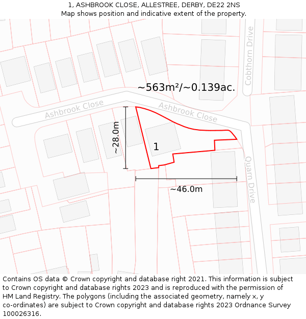 1, ASHBROOK CLOSE, ALLESTREE, DERBY, DE22 2NS: Plot and title map