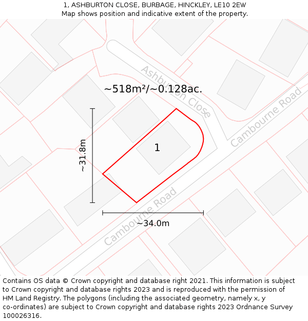 1, ASHBURTON CLOSE, BURBAGE, HINCKLEY, LE10 2EW: Plot and title map