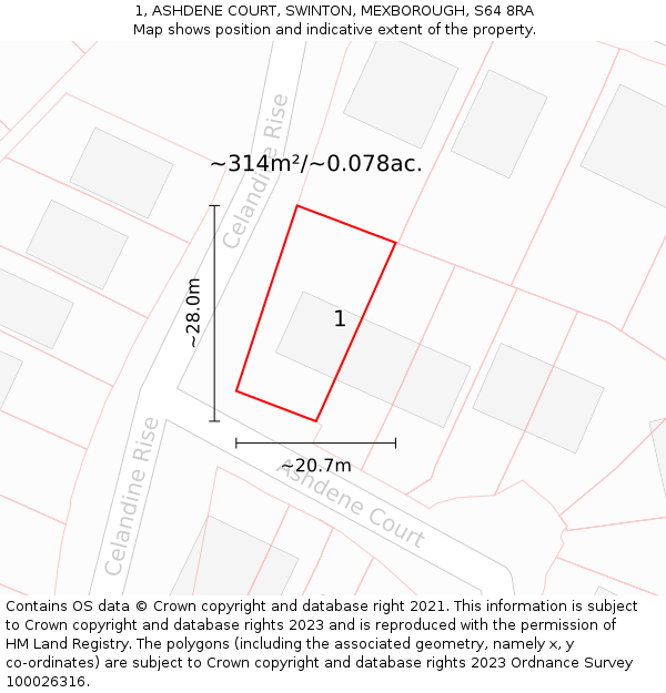 1, ASHDENE COURT, SWINTON, MEXBOROUGH, S64 8RA: Plot and title map
