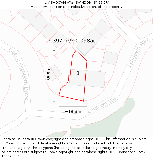 1, ASHDOWN WAY, SWINDON, SN25 1FA: Plot and title map