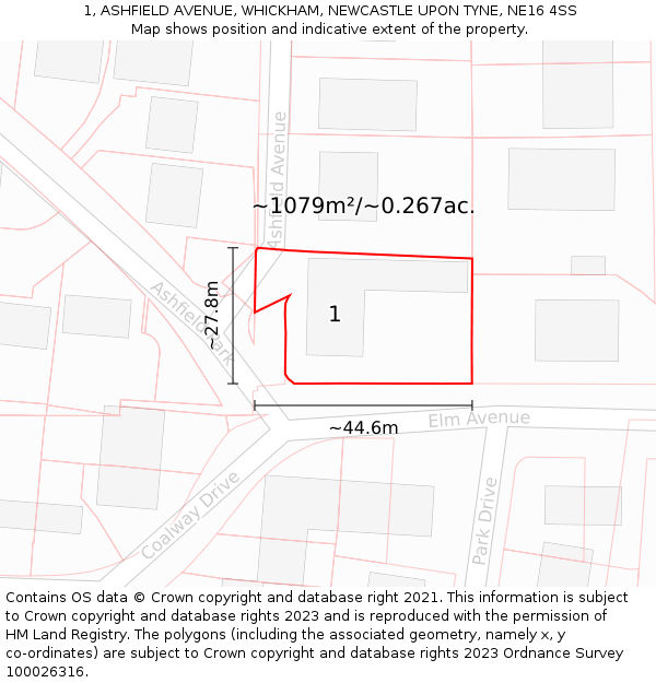 1, ASHFIELD AVENUE, WHICKHAM, NEWCASTLE UPON TYNE, NE16 4SS: Plot and title map
