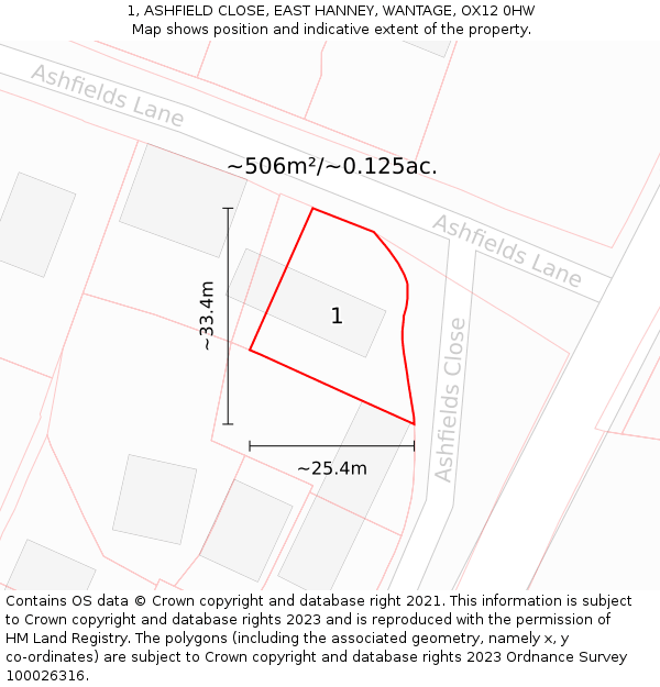 1, ASHFIELD CLOSE, EAST HANNEY, WANTAGE, OX12 0HW: Plot and title map