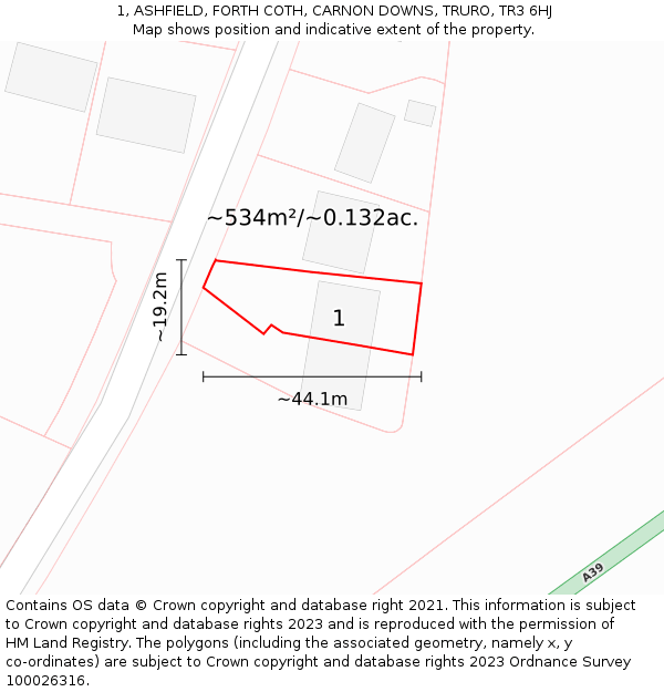 1, ASHFIELD, FORTH COTH, CARNON DOWNS, TRURO, TR3 6HJ: Plot and title map