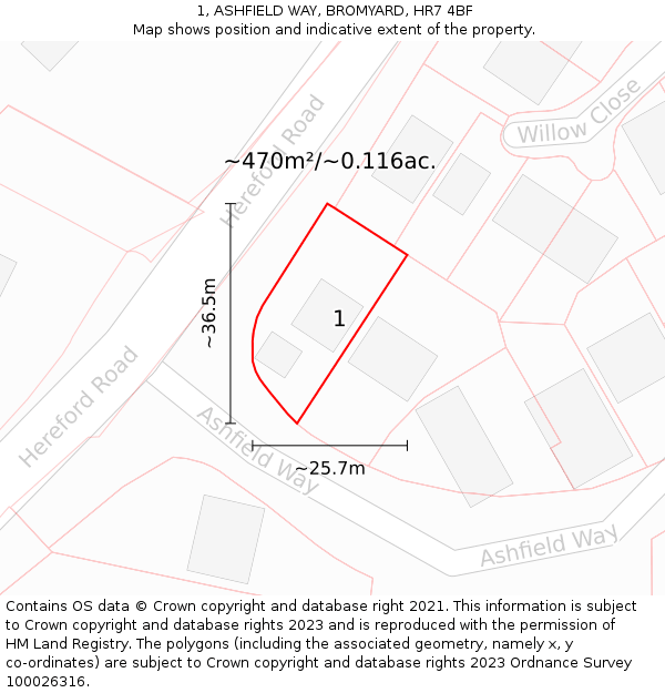 1, ASHFIELD WAY, BROMYARD, HR7 4BF: Plot and title map