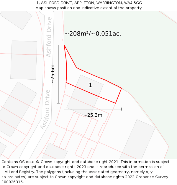 1, ASHFORD DRIVE, APPLETON, WARRINGTON, WA4 5GG: Plot and title map