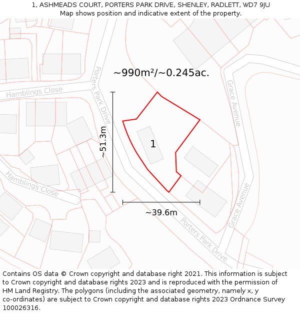 1, ASHMEADS COURT, PORTERS PARK DRIVE, SHENLEY, RADLETT, WD7 9JU: Plot and title map