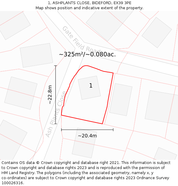 1, ASHPLANTS CLOSE, BIDEFORD, EX39 3PE: Plot and title map