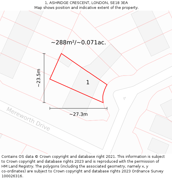1, ASHRIDGE CRESCENT, LONDON, SE18 3EA: Plot and title map