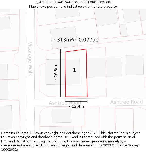 1, ASHTREE ROAD, WATTON, THETFORD, IP25 6PF: Plot and title map