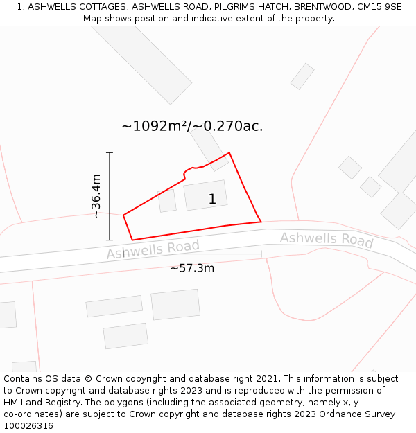 1, ASHWELLS COTTAGES, ASHWELLS ROAD, PILGRIMS HATCH, BRENTWOOD, CM15 9SE: Plot and title map