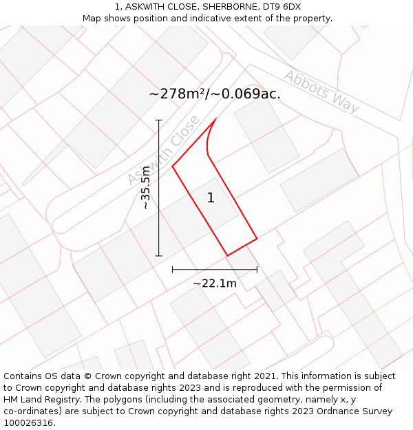 1, ASKWITH CLOSE, SHERBORNE, DT9 6DX: Plot and title map