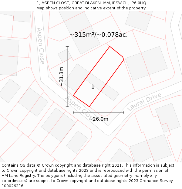 1, ASPEN CLOSE, GREAT BLAKENHAM, IPSWICH, IP6 0HQ: Plot and title map
