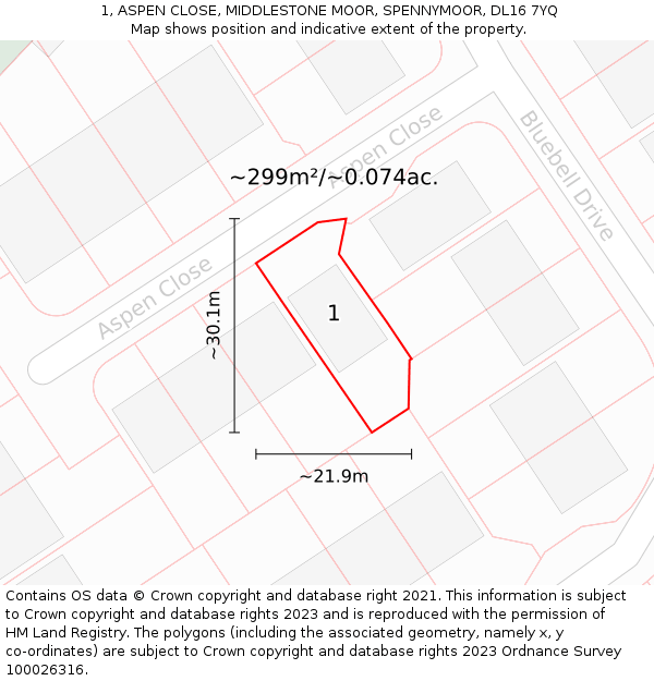 1, ASPEN CLOSE, MIDDLESTONE MOOR, SPENNYMOOR, DL16 7YQ: Plot and title map