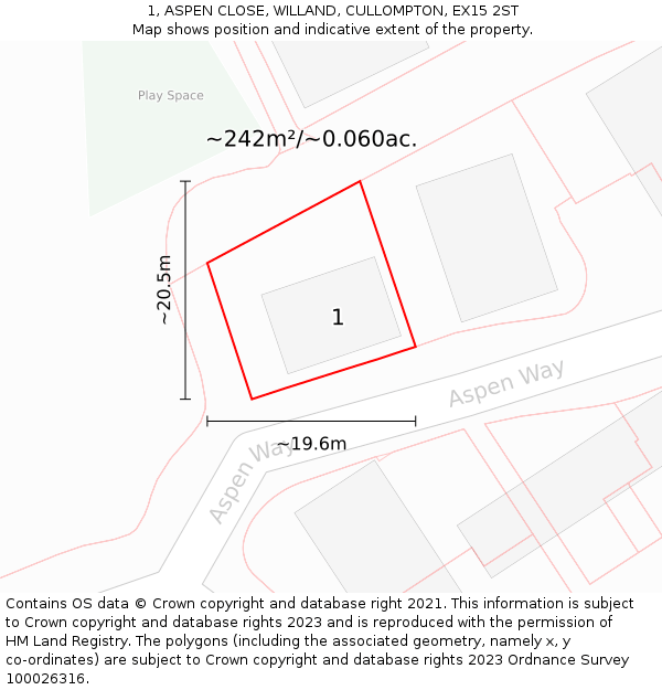 1, ASPEN CLOSE, WILLAND, CULLOMPTON, EX15 2ST: Plot and title map