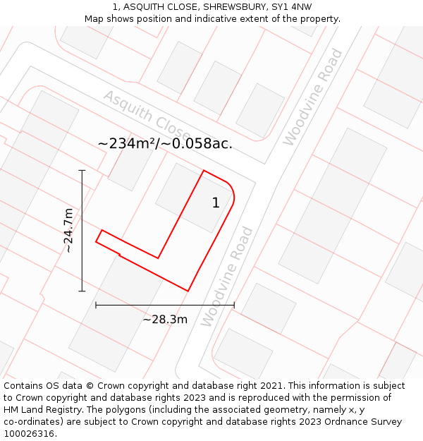 1, ASQUITH CLOSE, SHREWSBURY, SY1 4NW: Plot and title map