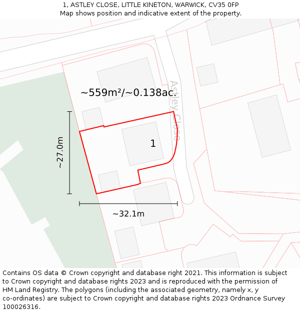 1, ASTLEY CLOSE, LITTLE KINETON, WARWICK, CV35 0FP: Plot and title map