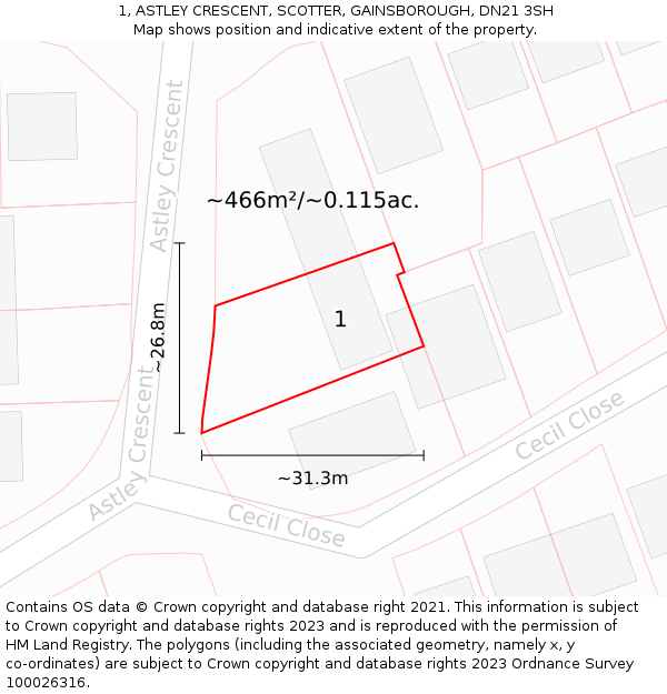 1, ASTLEY CRESCENT, SCOTTER, GAINSBOROUGH, DN21 3SH: Plot and title map