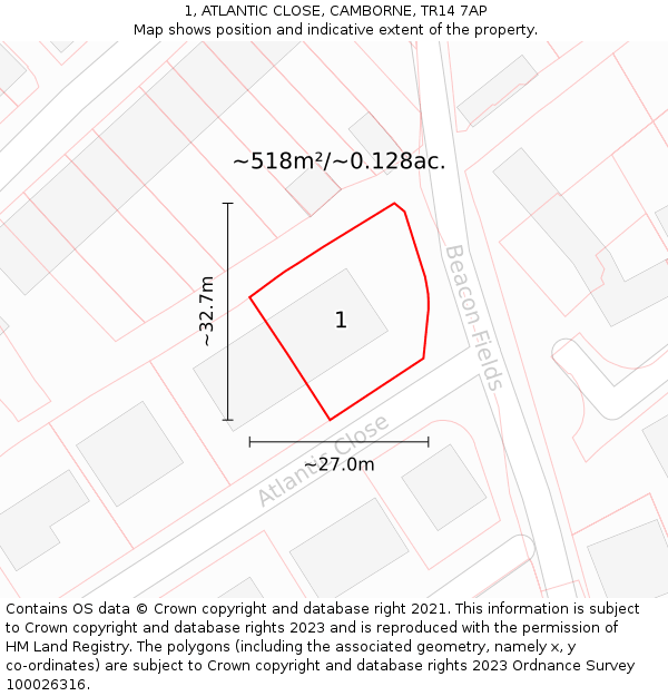 1, ATLANTIC CLOSE, CAMBORNE, TR14 7AP: Plot and title map