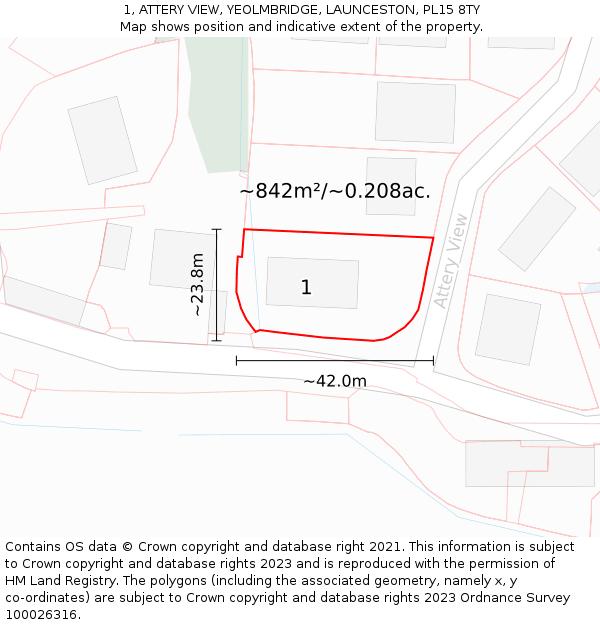 1, ATTERY VIEW, YEOLMBRIDGE, LAUNCESTON, PL15 8TY: Plot and title map