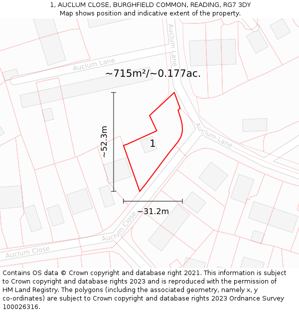 1, AUCLUM CLOSE, BURGHFIELD COMMON, READING, RG7 3DY: Plot and title map