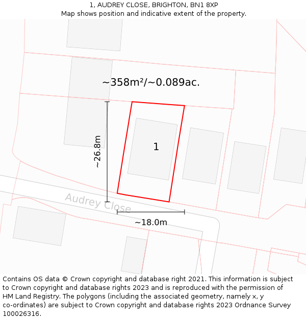 1, AUDREY CLOSE, BRIGHTON, BN1 8XP: Plot and title map