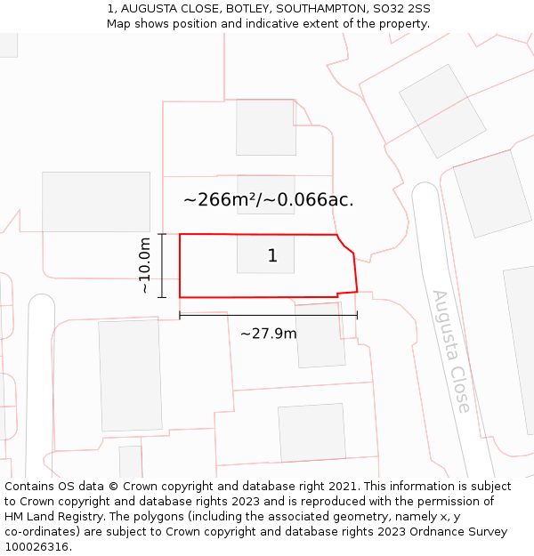 1, AUGUSTA CLOSE, BOTLEY, SOUTHAMPTON, SO32 2SS: Plot and title map
