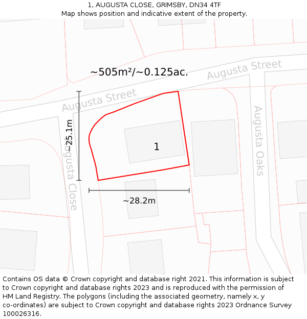 1, AUGUSTA CLOSE, GRIMSBY, DN34 4TF: Plot and title map