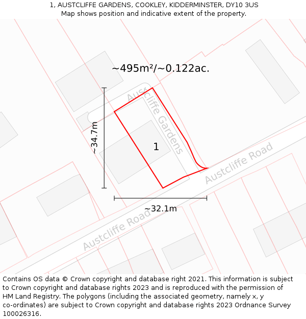 1, AUSTCLIFFE GARDENS, COOKLEY, KIDDERMINSTER, DY10 3US: Plot and title map