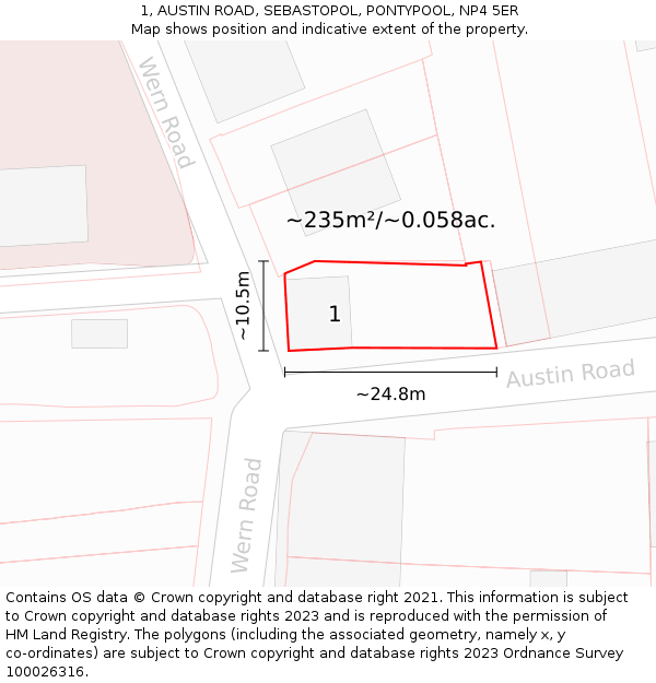 1, AUSTIN ROAD, SEBASTOPOL, PONTYPOOL, NP4 5ER: Plot and title map