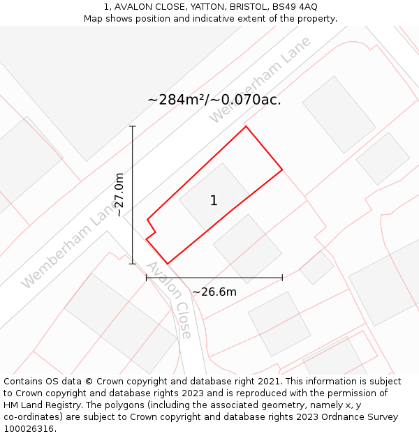 1, AVALON CLOSE, YATTON, BRISTOL, BS49 4AQ: Plot and title map