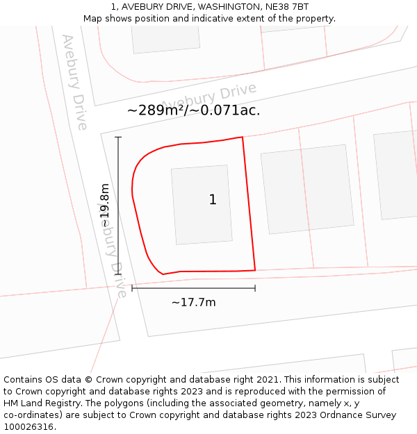 1, AVEBURY DRIVE, WASHINGTON, NE38 7BT: Plot and title map