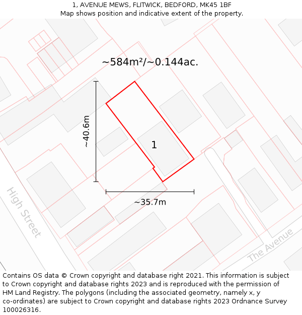1, AVENUE MEWS, FLITWICK, BEDFORD, MK45 1BF: Plot and title map