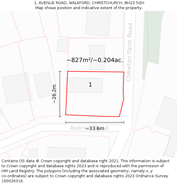 1, AVENUE ROAD, WALKFORD, CHRISTCHURCH, BH23 5QH: Plot and title map