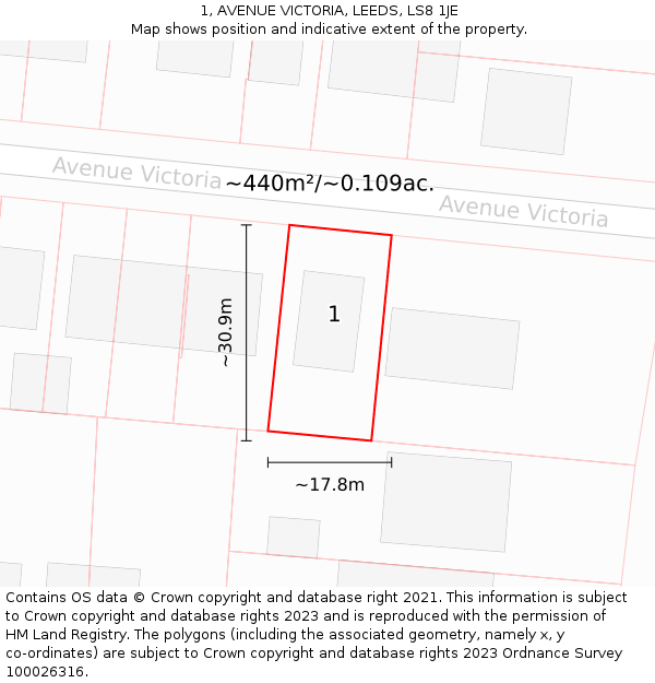 1, AVENUE VICTORIA, LEEDS, LS8 1JE: Plot and title map