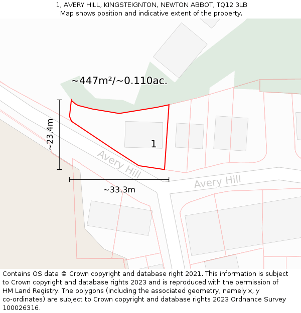 1, AVERY HILL, KINGSTEIGNTON, NEWTON ABBOT, TQ12 3LB: Plot and title map