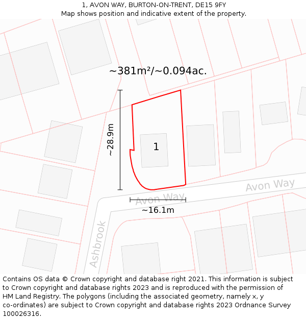 1, AVON WAY, BURTON-ON-TRENT, DE15 9FY: Plot and title map