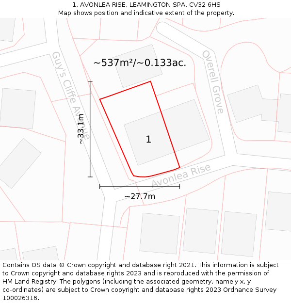1, AVONLEA RISE, LEAMINGTON SPA, CV32 6HS: Plot and title map