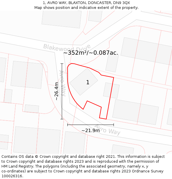 1, AVRO WAY, BLAXTON, DONCASTER, DN9 3QX: Plot and title map