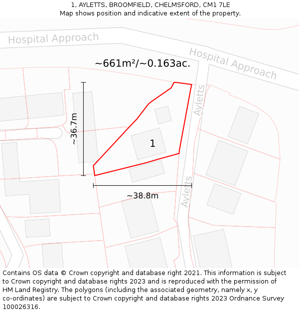 1, AYLETTS, BROOMFIELD, CHELMSFORD, CM1 7LE: Plot and title map