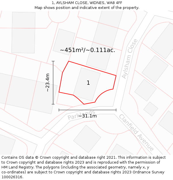 1, AYLSHAM CLOSE, WIDNES, WA8 4FF: Plot and title map