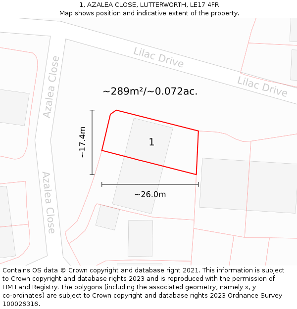 1, AZALEA CLOSE, LUTTERWORTH, LE17 4FR: Plot and title map