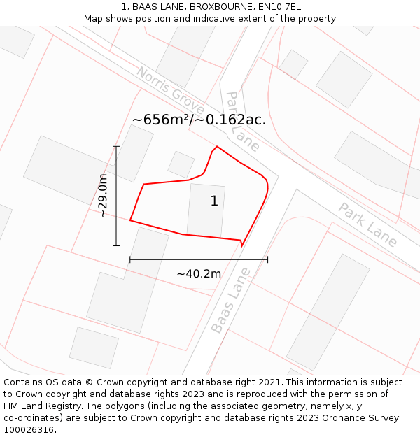 1, BAAS LANE, BROXBOURNE, EN10 7EL: Plot and title map