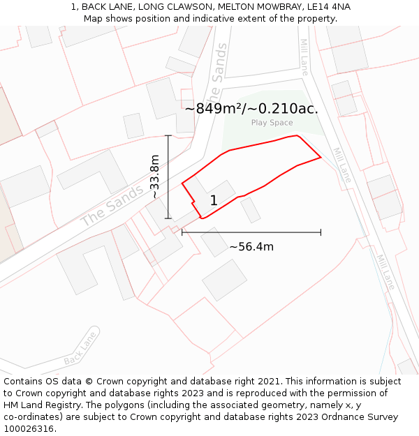 1, BACK LANE, LONG CLAWSON, MELTON MOWBRAY, LE14 4NA: Plot and title map