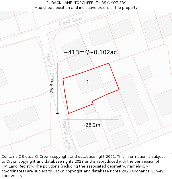 1, BACK LANE, TOPCLIFFE, THIRSK, YO7 3RY: Plot and title map
