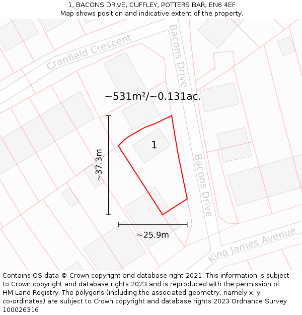 1, BACONS DRIVE, CUFFLEY, POTTERS BAR, EN6 4EF: Plot and title map