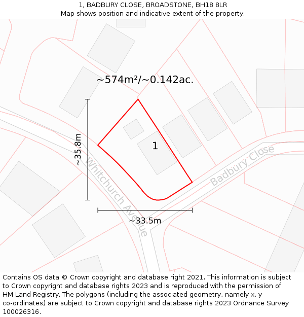 1, BADBURY CLOSE, BROADSTONE, BH18 8LR: Plot and title map